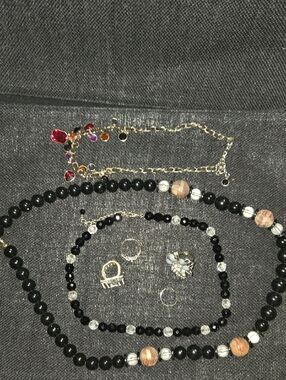 Black Beaded Jewelry Lot – Necklaces, Bracelet Plus Rings Lot